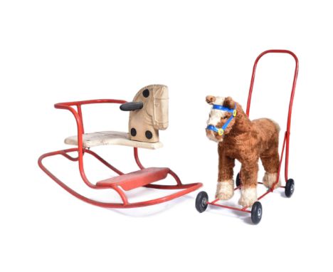 A vintage Triang / Tri-ang childrens rocking horse ' Gee-Gee Rocker ' on a red metal frame with seat and a moulded plastic ho