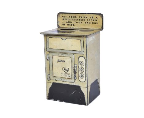 Tinplate Toys - a vintage litho printed tinplate money box in the form of an electric ' Revo ' stove. Slot at the back of the