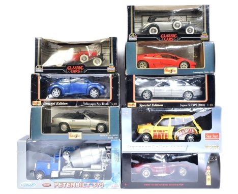 Diecast - a collection of x9 1/18 and 1/24 scale diecast model cars to include; Sun Star 1998 TX1 London Taxi Cab, Maisto Jag