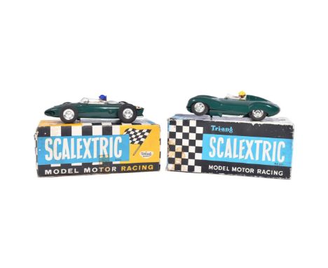 Scalextric - x2 vintage Triang Scalextric slot car racing cars comprising; C62 Ferrari and C60 Jaguar D Type. Jaguar in an as