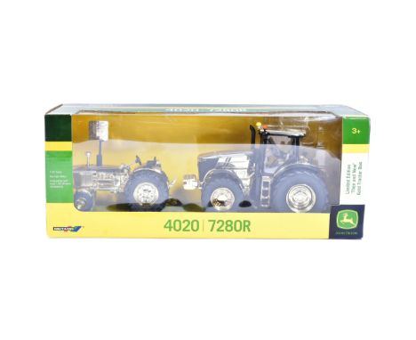 Diecast - a Limited Edition Britains made 1/32 scale diecast model set of x2 gold coloured John Deere tractors. The set title