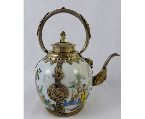 Handpainted oriental teapot with white metal detailing signed individually to base
