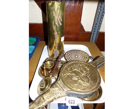 Tray of vintage brass items including trench art