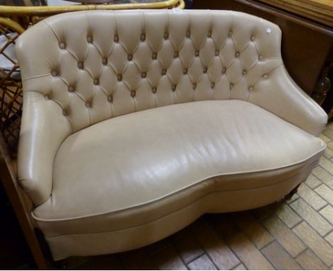 Small leather button back sofa. W: 121 cm