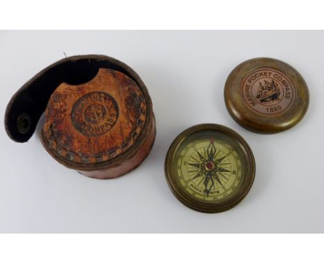 Small brass marine compass in original leather case