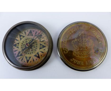 Brass compass marked Coronation of Elizabeth II June 1952