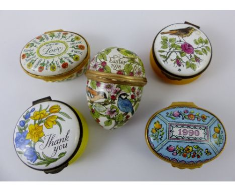 Five modern enamel and metal pillboxes
