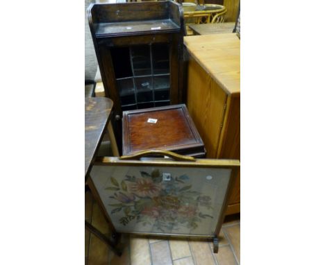 Firescreen, sewing basket with contents including approximately 40 reels of cotton and an oak glazed bookcase A/F