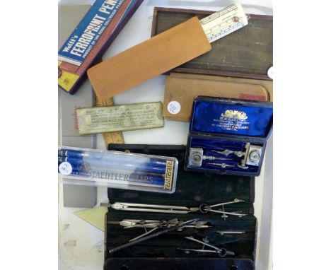 Tray of vintage drawing instruments
