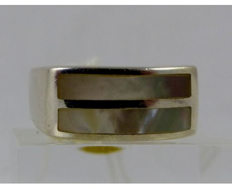 Sterling silver two row mother of pearl ring, size M