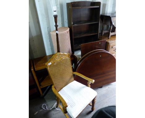 Mixed lot including cane back upholstered armchair, standard lamp, linen basket etc