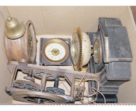Quantity of brass ware to include parts of parafin lamps, weigh scales, clocks, an antique part light switch board with brass