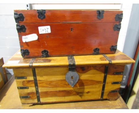 Wooden fitted trunk&nbsp;with metal fittings and internal fitted tray and a wooden coffer&nbsp;with metal banding and fasteni