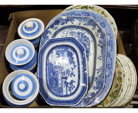 Three TG Green blue and white Cornishware storage jars, a small quantity of Masons 'Strathmore' pattern ironstone dinner plat