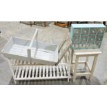 A wooden stool, wooden tray, a small multi drawer storage unit etc. (5)