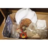 Small cat/dog wicker basket, a clear glass oil lamp and various chinaware (1 box)
