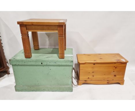 Modern pine coffer, a modern pine square table&nbsp;on square supports and a large painted green trunk&nbsp;(3)&nbsp;