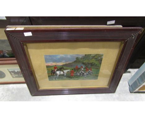 A set of four framed hunting prints , a pair of framed coloured photographs of hunting scenes and one other other hunting pri