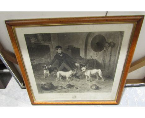 Engraving after T Glater 'Jem Burn's Four Pets........' showing three old fashioned English bull terriers, and a framed hunti