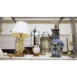 Two table lamps in the form of owls and a modern Chinese blue and white table lamp with floral
