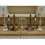 Three pairs of modern table lamps and a wire ceiling light with glass drops