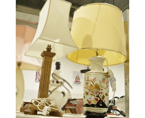 Tall wooden table lamp&nbsp;formed as a square Corinthian column, on a footed stepped base and a Chinese-style ceramic table 