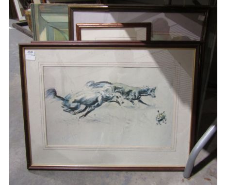 Various framed prints to include Michael Lyne 'Salukis hunting' and 'Greyhound hunting' , framed print of a hare, print after