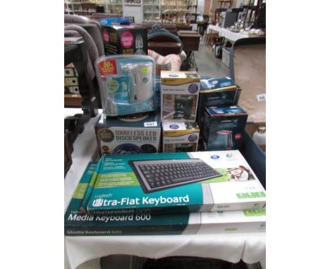 A quantity of electrical items including wireless speaker, LED lamps, solar pest repeller, keyboard etc