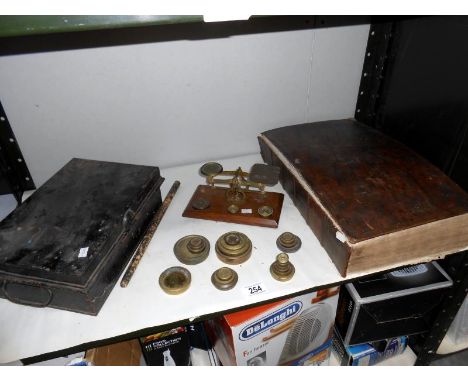 A mixed lot including postal scales, deed box etc