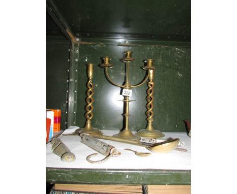 A mixed lot including candlesticks, scales etc