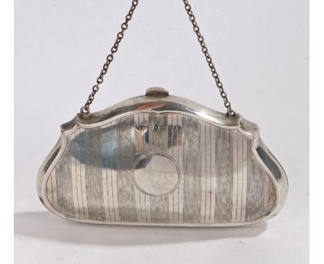 George V silver evening purse, Birmingham 1918, maker E J Houlston, with engine turned exterior and brown leather interior, g