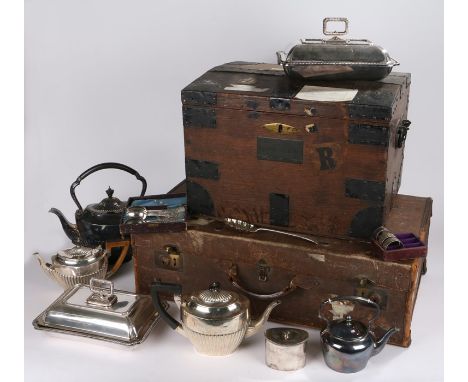 Plated ware to include teapots, two tureens and covers with detachable handles, berry spoon, teaspoons, napkin rings, housed 