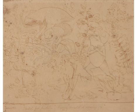 Gertrude Jekyll, (1843-1932) Two Frogs ecstasied, pen and ink, 21cm x 18cm, with a label to the reverse Sketch for picture "F
