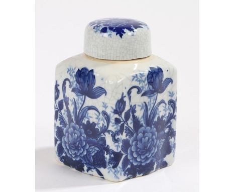 19th Century English blue and white porcelain tea caddy, the cover and body with foliate decoration, 15cm high