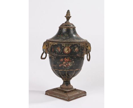Regency Pontypool urn and cover, with a finial top above a foliate decorated body and ram head handles, 29cm high