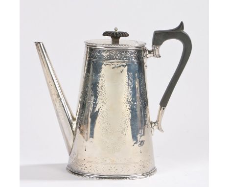 Victorian silver coffee pot, London 1875, maker Horace Woodward &amp; Co, with angular ebonised handle and gadrooned finial, 