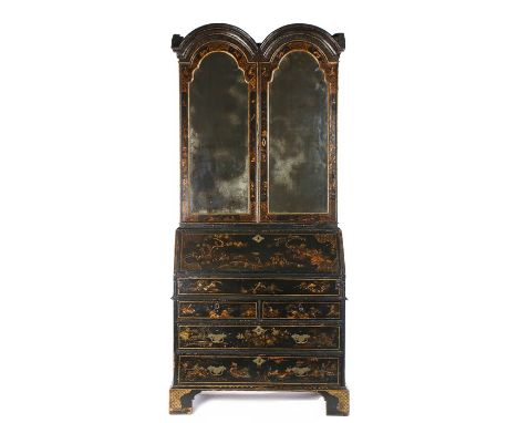 Fine George I black japanned and gilt heightened bureau bookcase, the double-domed cornice above a pair of conforming doors w