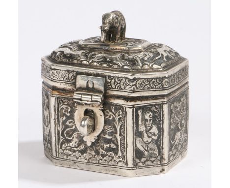 Indian silver tea caddy, the hinged lid with elephant form finial above a body decorated with deities and animals, 8cm high, 