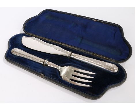 Set of silver plated fish servers, the knife and fork with engine turned handles and blades, cartouche to each handle with cr