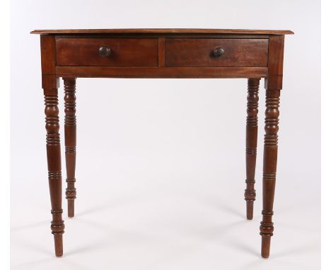 Victorian mahogany bow front side table, with two frieze drawers, raised on turned legs, 79cm wide