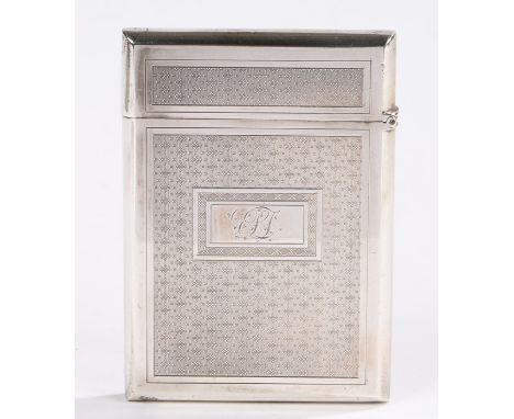Silver plated card case, the engine turned exterior with monogrammed rectangular cartouche, 6cm wide, 9cm high 
