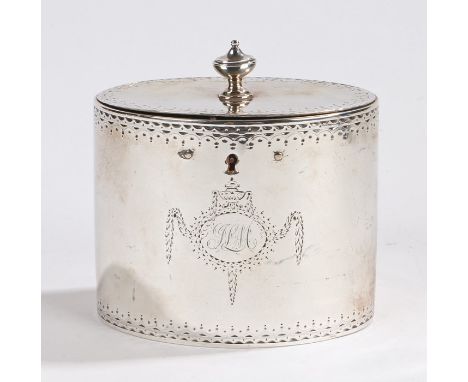 George III silver tea caddy, London 1782, maker William Vincent, of oval form, the urn shaped finial above a swag decorated l