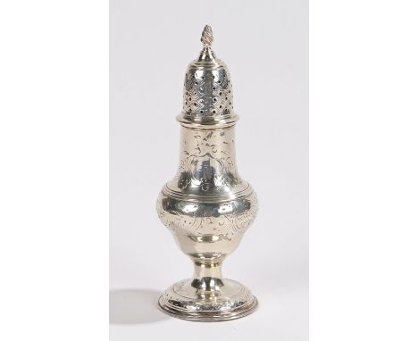 George III silver pepperette, London 1786, makers marks rubbed, the pierced cap with twisted finial, the bulbous body with sc