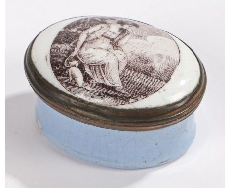 18th Century enamel patch box, of oval form, the lid with depiction of a seated lady with her dog 