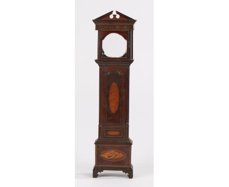 Miniature longcase clock pocket watch holder, with an concave cornice above a long trunk and shell inlaid base, 43.5cm 