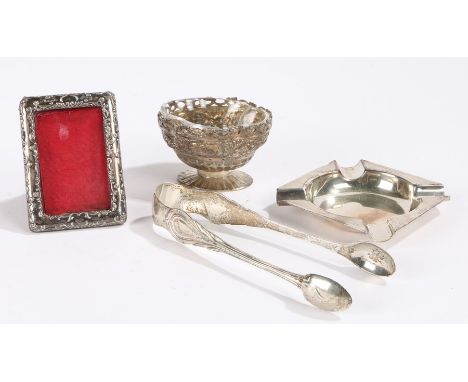 Silver, various dates and makers, to include ashtray with engine turned border, pair of sugar tongs, salt with clear glass li