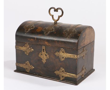 Victorian simulated walnut tea caddy, with an arched top with gilt gothic metal straps enclosing the two lidded compartments,