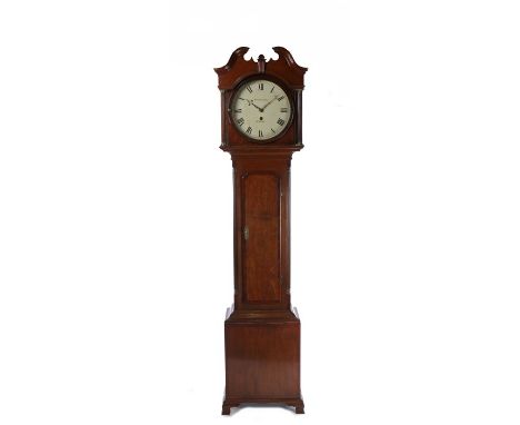 18th Century oak longcase clock by Whitehurst of Derby, the hood with broken pediment above an arched glazed door flanked by 