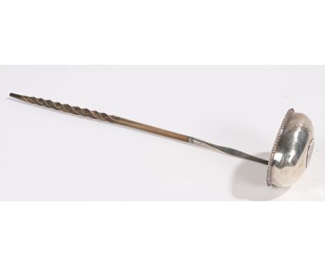 Georgian silver toddy ladle, the bowl inset with a coin and engraved "JB to GB", with twisted baleen handle, 34cm long