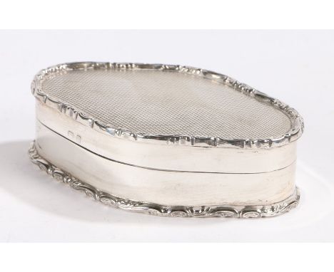 George V silver snuff box, Birmingham 1918, maker Asprey &amp; Co Ltd, of pinched oval form, the engine turned cover with scr